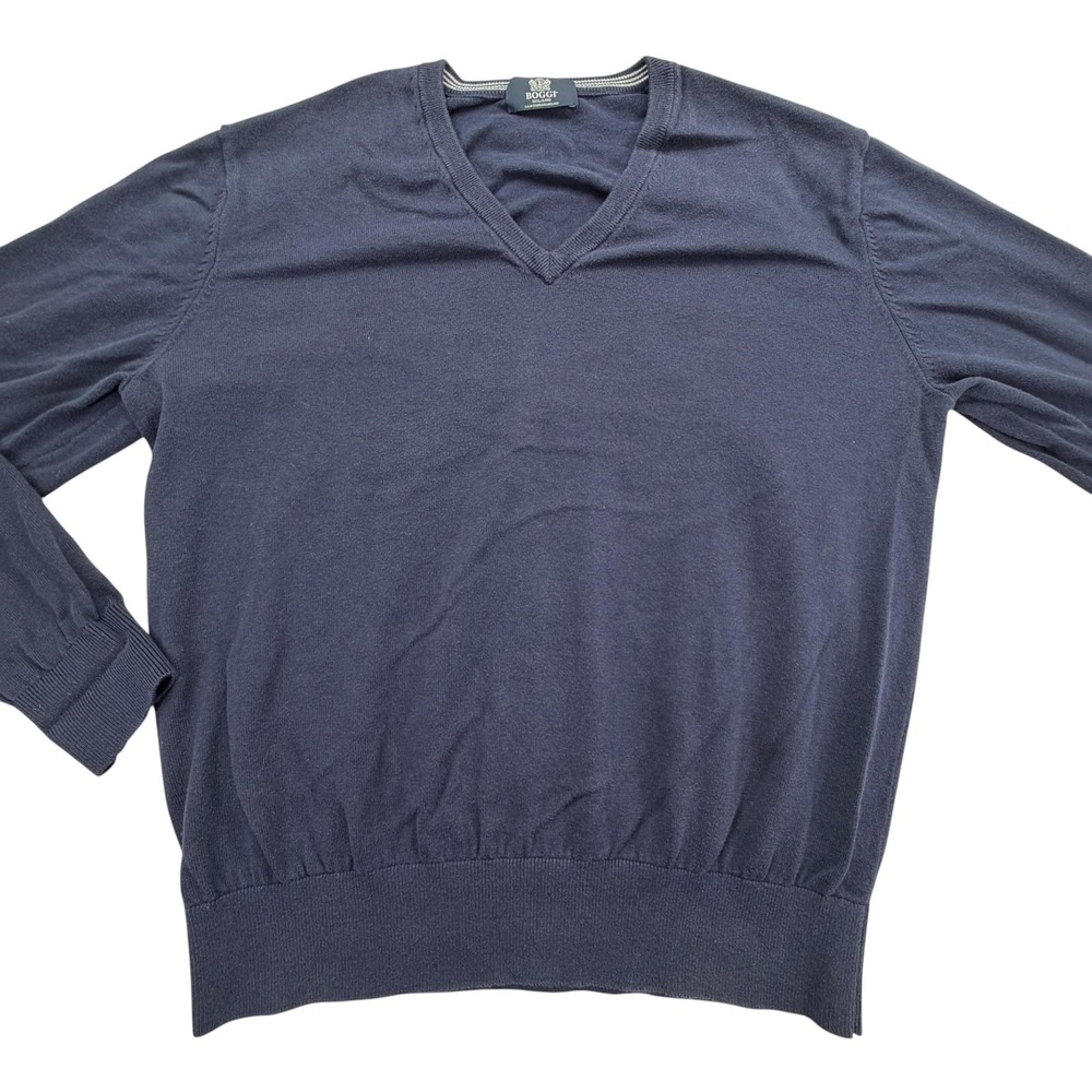 Boggi Milano Sweater Mens M Blue 100% Cotton V-Neck Pullover Lightweight Logo